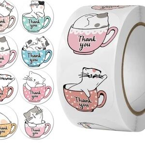 Cute Cat Thank You Stickers 500 Roll, 6 Different Designs, 1" Sticker